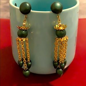 Earrings,wooden green shapes and gold tone connect